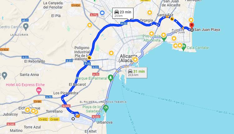 ¿Cómo llegar del aeropuerto de Alicante - Elche ALC a la San Juan Playa?