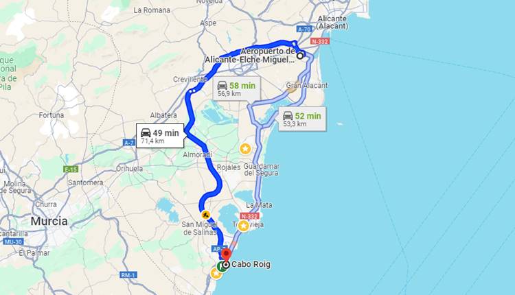 How to get from Alicante Elche airport to Cabo Roig in Orihuela Costa?